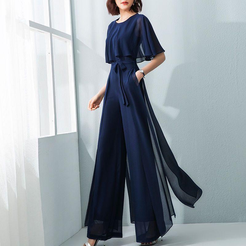 Lotus Leaf Sleeve Jumpsuit Women's Summer Long Chiffon Jumpsuit Wide Leg Set Temperament Jumpsuit Female Bodysuit Blue