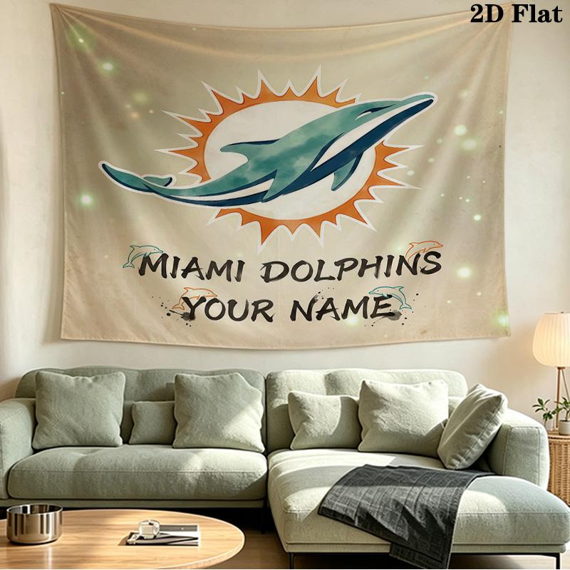 Benutzerdefiniertes Namensschild Miami Dolphins Bedruckter Wandteppich – Wandbehang für Schlafzimmer, Studentenwohnheime und Heimdekoration