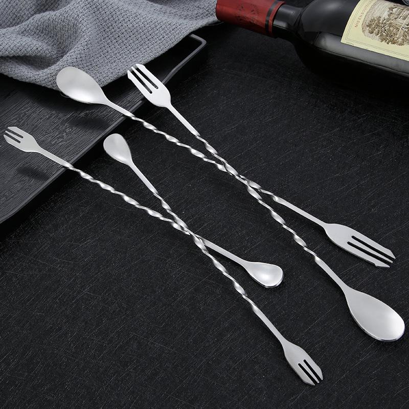 304 Stainless Steel Long-Handle Double-Ended Cocktail Stirring Spoon & Fork