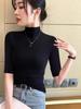 Women's Black Ribbed Three-Quarter Sleeve Slim-Fit Half-High Neck T-Shirt for Spring/Autumn 2025