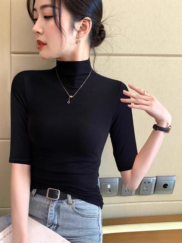 Women's Black Ribbed Three-Quarter Sleeve Slim-Fit Half-High Neck T-Shirt for Spring/Autumn 2025