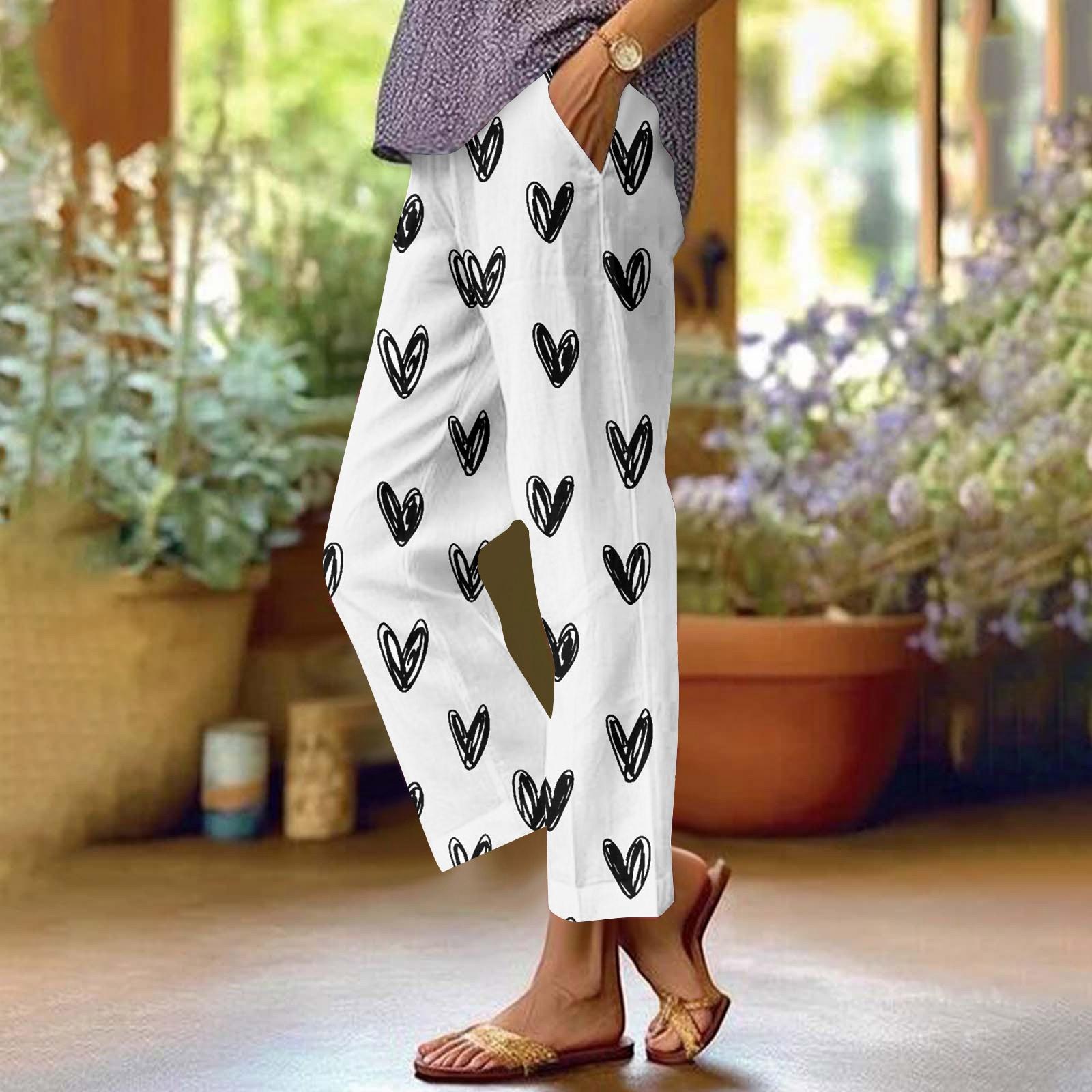 

Женские хлопковые льняные брюки с принтом, летние широкие повседневные свободные брюки-палаццо с высокой талией и шнурком, брюки с карманами XL белый