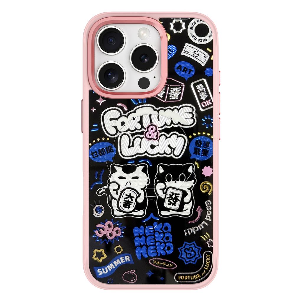 For iPhone 16 Pro Magnetic Case TPU PC Phone Cover with Detachable Blue Lucky Cat Backplate