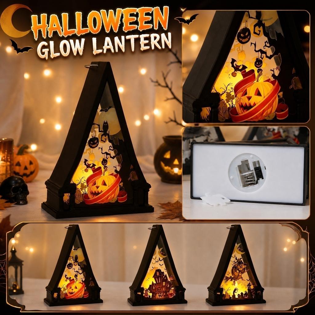 Halloween Night Light Decoration Tabletop Pumpkin Lantern with Triangular Frame and Cutout Design for Indoor Seasonal Display