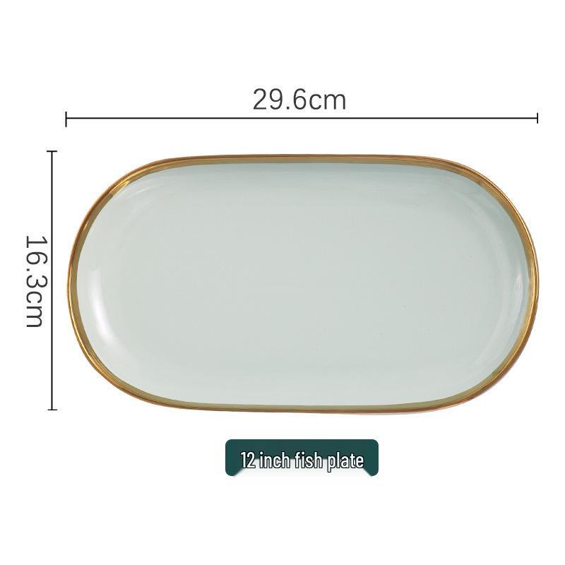 Set de Veselă Ceramică Nordică de Lux cu Margine Aurie: Farfurii, Boluri și Linguri.