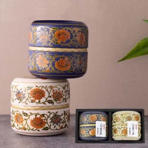 Yamecha Tea Gift Set: Two Tea Cinnamon Cans with Modern Japanese Patterns: Premium Sencha and Premium Fukamushicha (60g each). Available with various