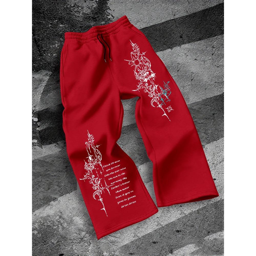 Urban Black Baggy Sweatpants for Men, Wide Leg Design with Striking White Flame Embroidery, Drawstring, Street Style