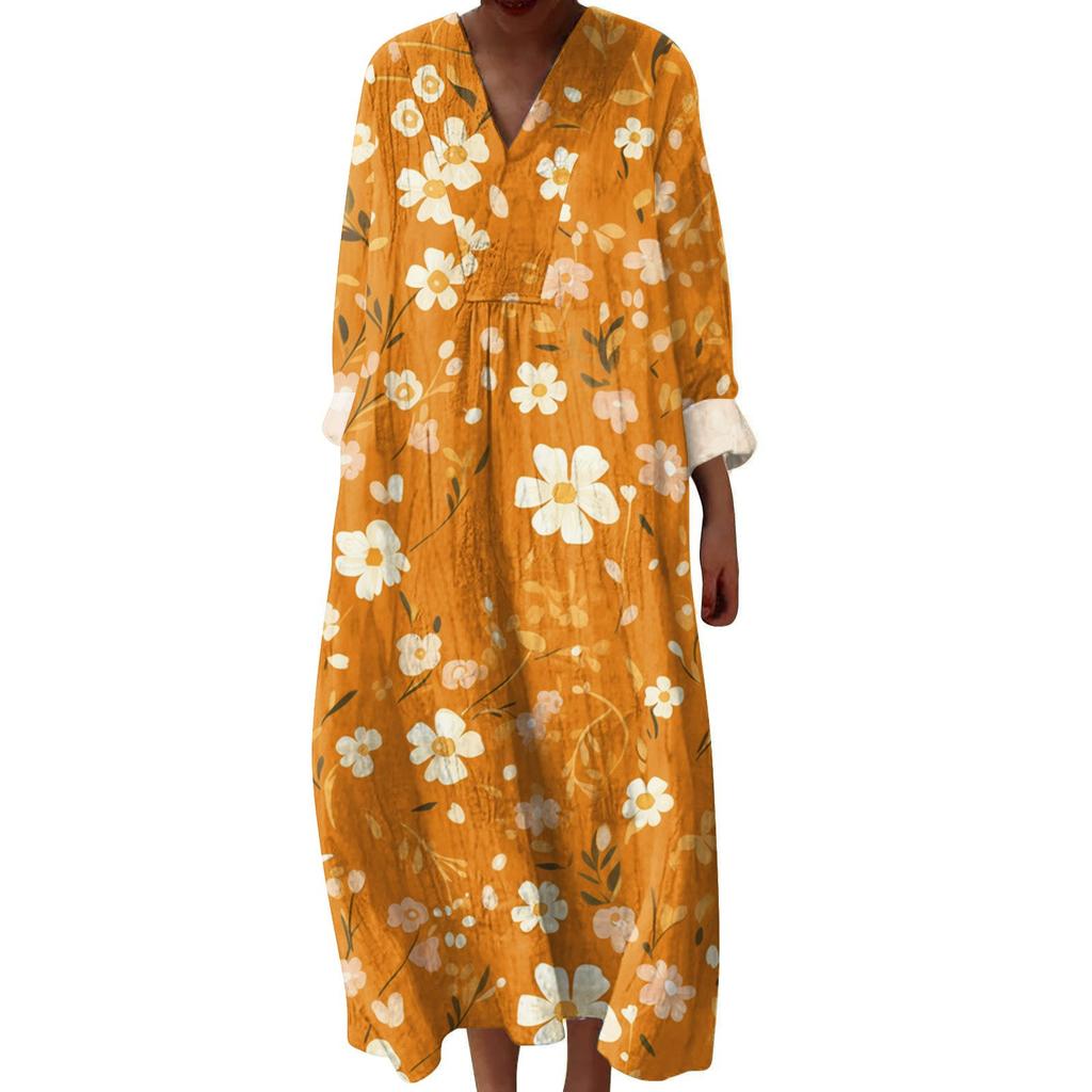 Women's Casual And Fashionable V-Veck Flower Print Long Sleeved Dress Long Sleeved Dress