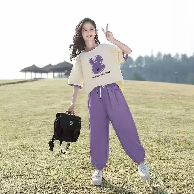 Dziewczęcy letni dres sportowy dwuczęściowy letni dziewczęcy letni dres z krótkim rękawem wersja koreańska odzieży casualowej dla dzieci