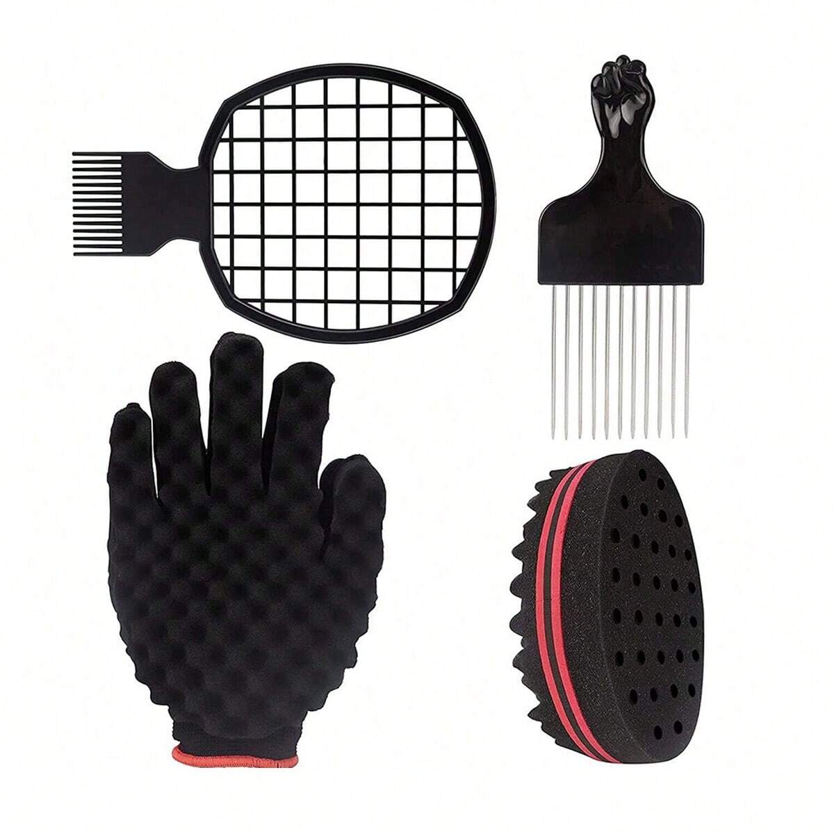

4pcs Comb Set For Afro Hair With Magic Twist And Curl Sponge For African Braided Hairstyle Tangled Curly Hair Sponge And Steel Needle Comb 4pcs
