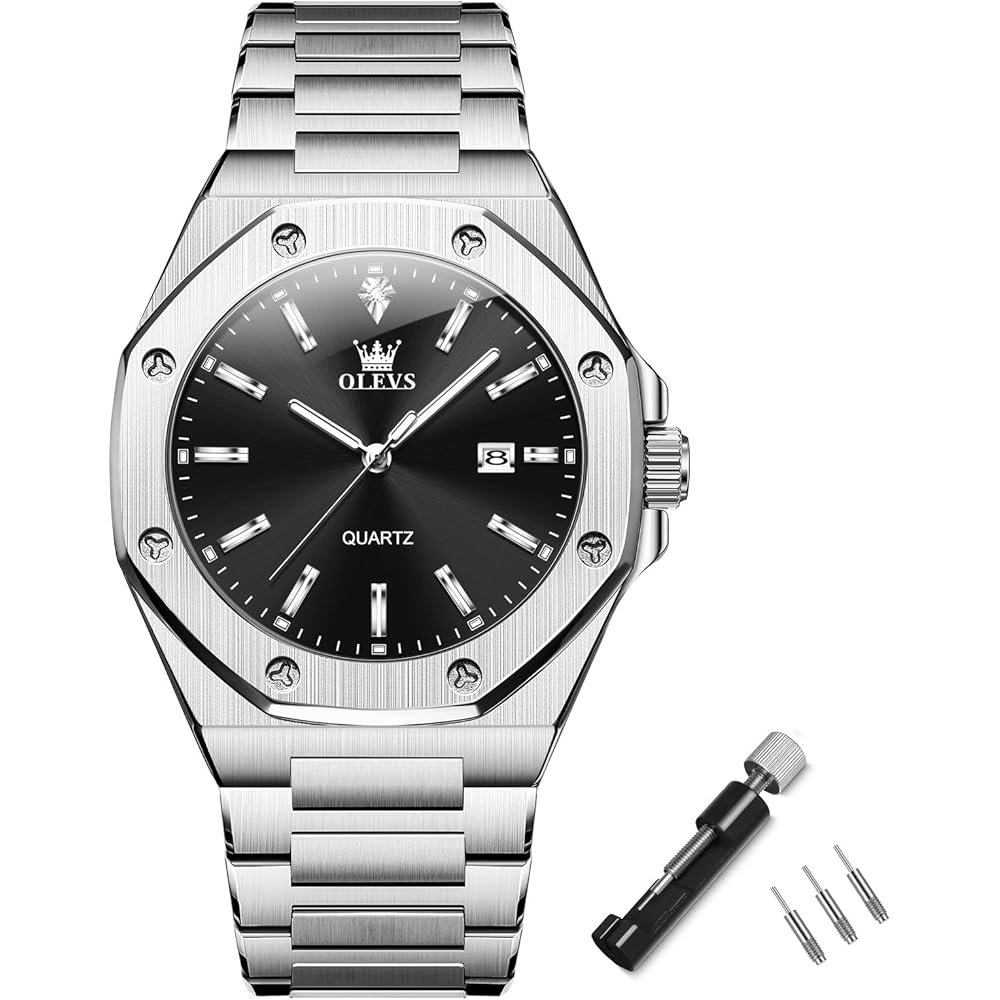Olevs Octagonal Men s Watch Silver Waterproof Analog Quartz Stainless Steel Casual Dress Watch