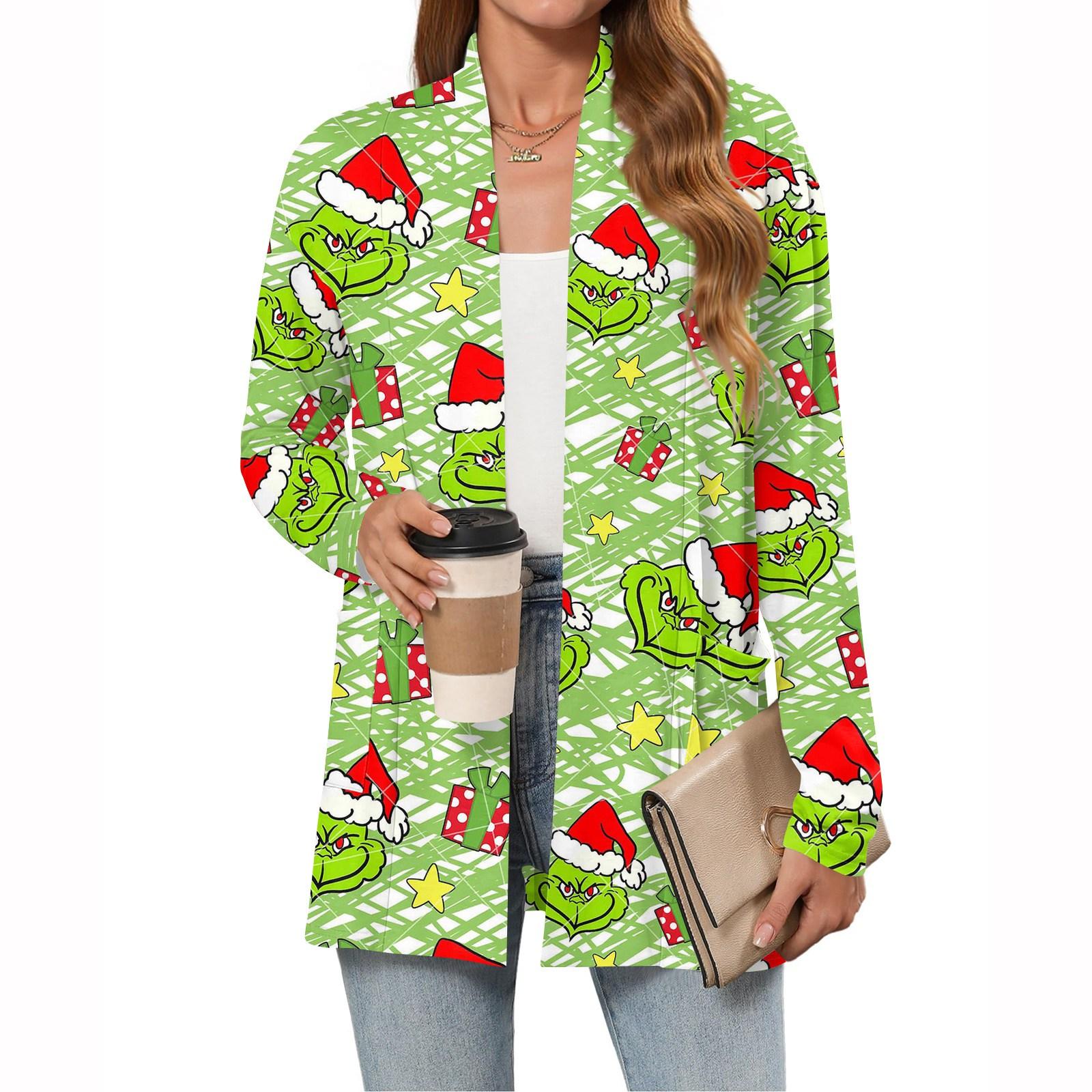 

Women s Christmas Printed Lightweight Cardigan Long Sleeved Casual Loose Thin Fit With Pockets Cardigan Jacket M