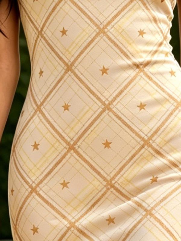 Summer Women's One Shoulder Midi Dress Star Grid Print Light Yellow Bodycon Sundress