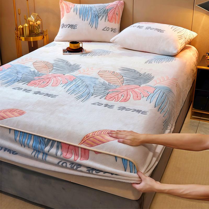 WOSTAR Luxury double bed fitted sheet elastic mattress protector cover couple winter warm fluffy coral fleece bedspread 150x200