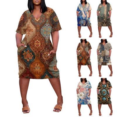 Robe d'été grande taille col V manches courtes genou poche imprimé décontractée pour femmes