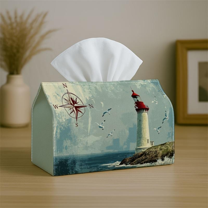1pc Nautical Compass Tissue Box Cover with Lighthouse - Blue Sea Theme Foldable Storage Cover Suitable for Living Room, Kitchen, Bathroom Decor, Durab