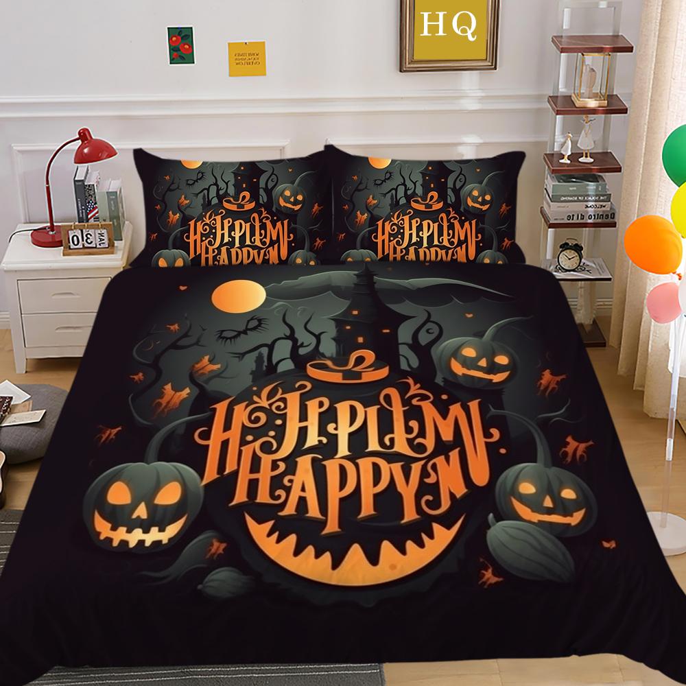 3D Halloween Home Bedding Set Pumpkin Ghost Quilt Cover Pillow Case 2/3 Pieces AU220 * 240 Full Size Soft and Easy To Clean Bedroom Decoration