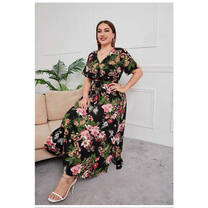 Summer Women's Dress Short Sleeve High Waist V-neck MIDI Dress Plus Size Temperament Printed Sexy Dress