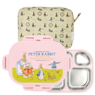 Peter Rabbit låsning funktionell säkerhet dubbel matlåda i rostfritt stål + påsset, rosa, populär föräldraprodukt