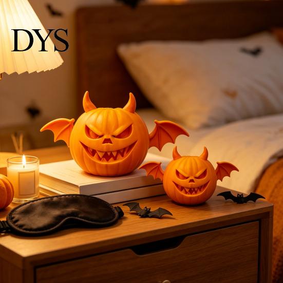 Pumpkin Demon Figurine 2Pcs 3D Printed Figurine, Devil Statue with Bat Table Centerpiece Wings & Horns, Spooky Sculpture for Halloween Party