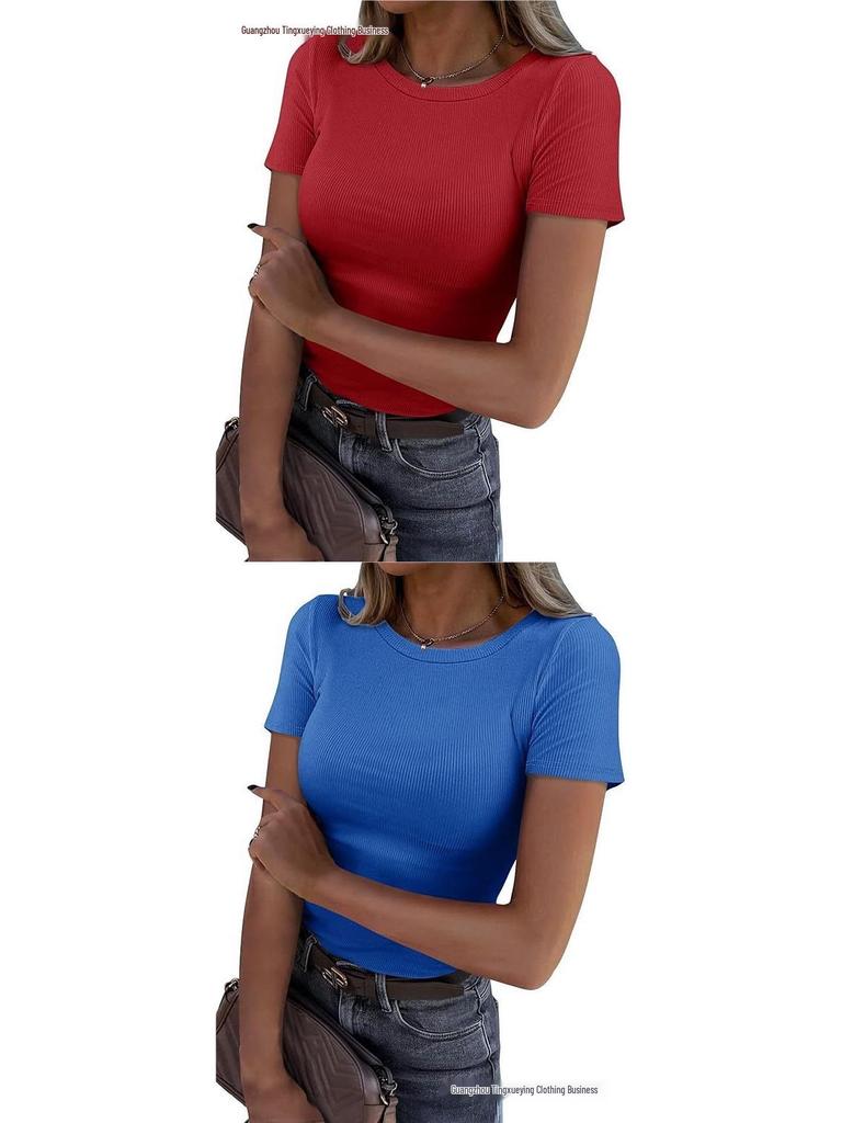 Women's Summer Ribbed Short Sleeve Stretchy Slim Fit Round Neck T-shirt