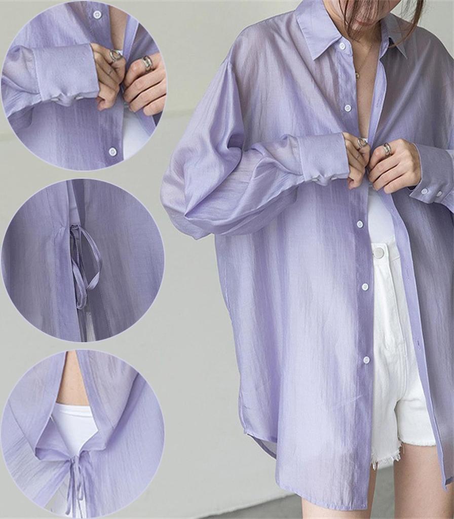 Yuoku Sheer Summer Long Loose UV Lightweight Shirt with Back Sun Shiny Sheer One Size Fits Women's Shirt, Blouse, Sleeve, Fit, Casual, Protection,