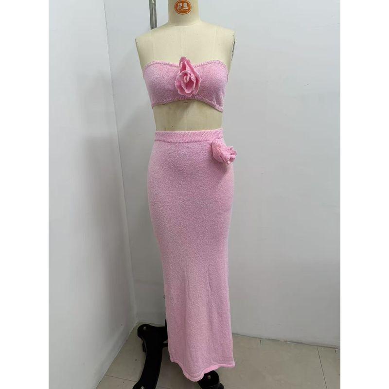 

Fashion Sexy Cutout Knitting Top and Skirt Beach Suit Knitted Top and Skirt Set Pink M