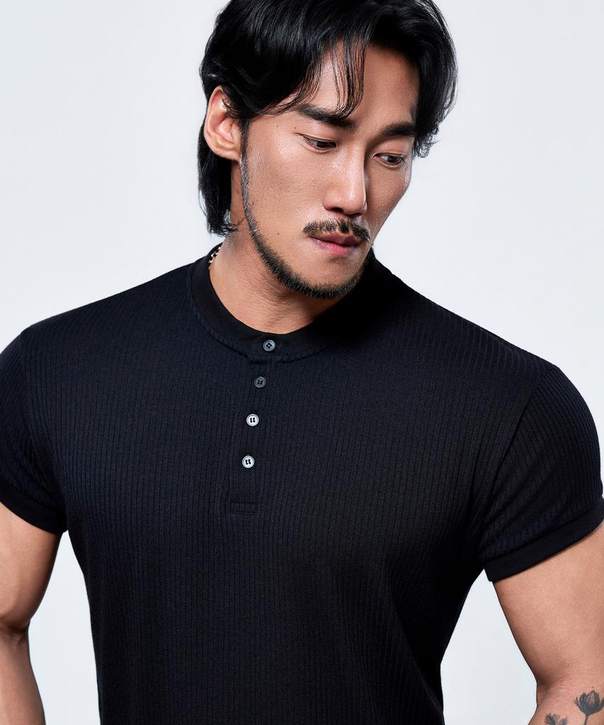Pijikeolgameoncheu P2639 Henley Neck Muscle Fit Ribbed Short Sleeve [3 Colors]