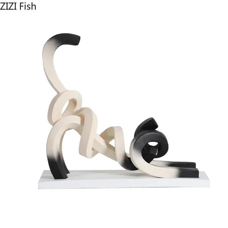 Creative Twisted Line Cat Sculpture Ornaments Desk Decoration Modern Crafts Abstract Cat Resin Statue Room Aesthetics Decor