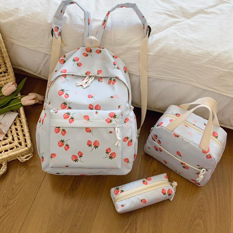 Cute Strawberry Pattern Backpack Set 3Pcs Handbag&pencil Case Reinforced Nylon Dual Zipper School Essentials Lightweight Commute