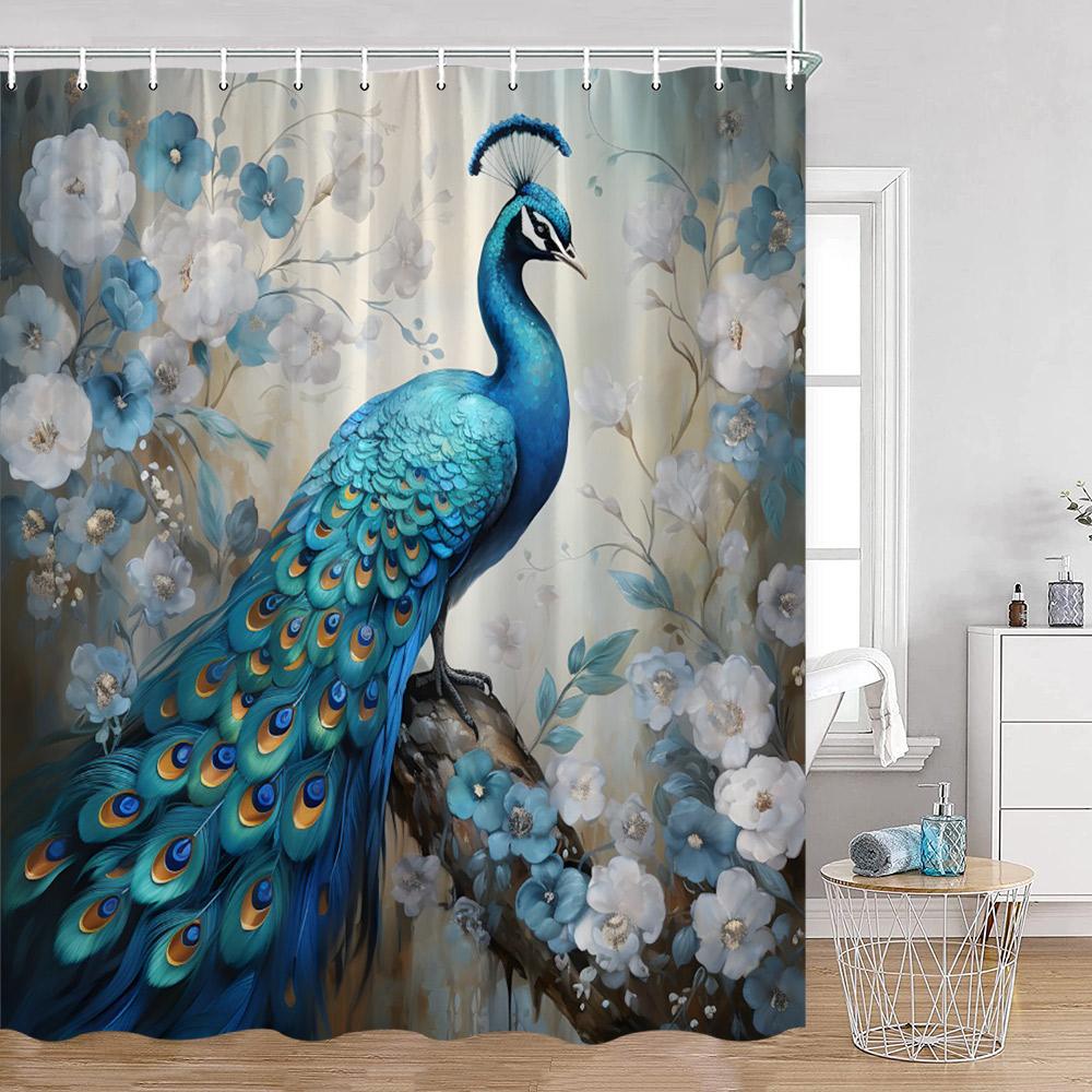 Peacock Shower Curtain Modern Oil Paniting Animals Flowers Plants Floral Bathroom Decor Elegant Fabric Bath Curtains with Hooks