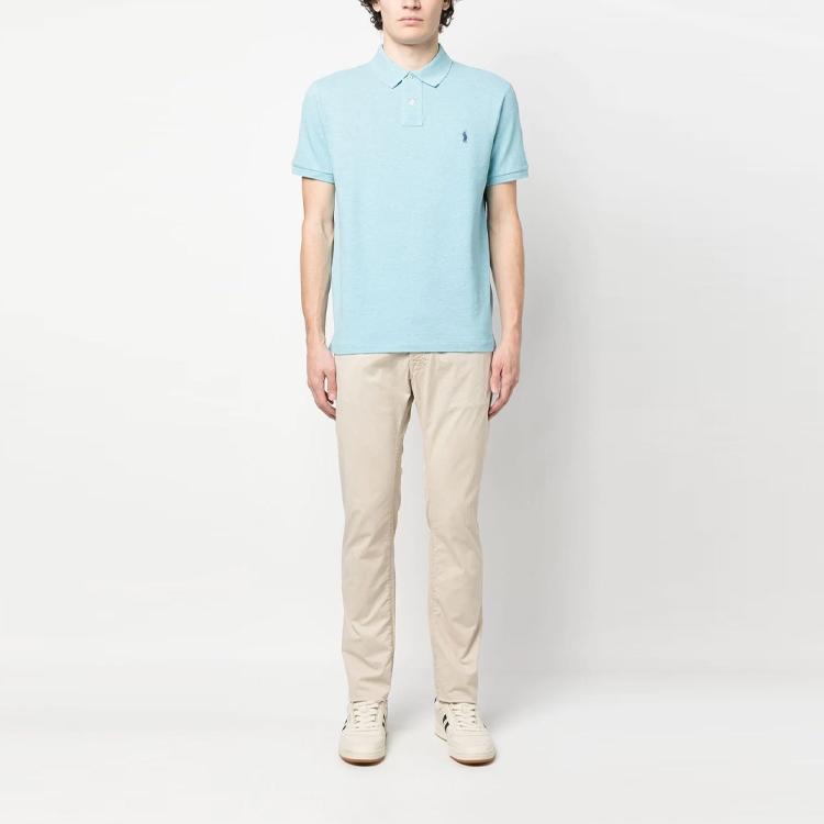 Polo Ralph Lauren Solid Color Logo Embroidered Pullover Short Sleeve Polo Shirt Men tops Light-Blue 710536856-357
