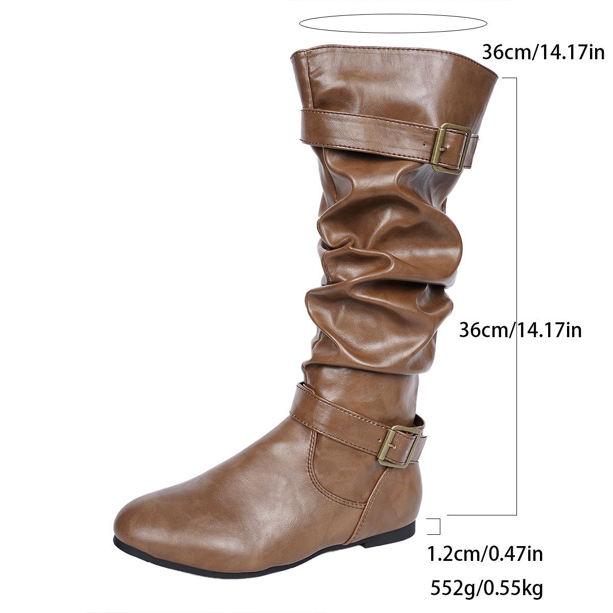 

Vintage Large Size 36-42 Belt Buckle Knight Boots Women 2026 Autumn New Round Head British Style Botas Largas Mujer Black PU 36 коричневый