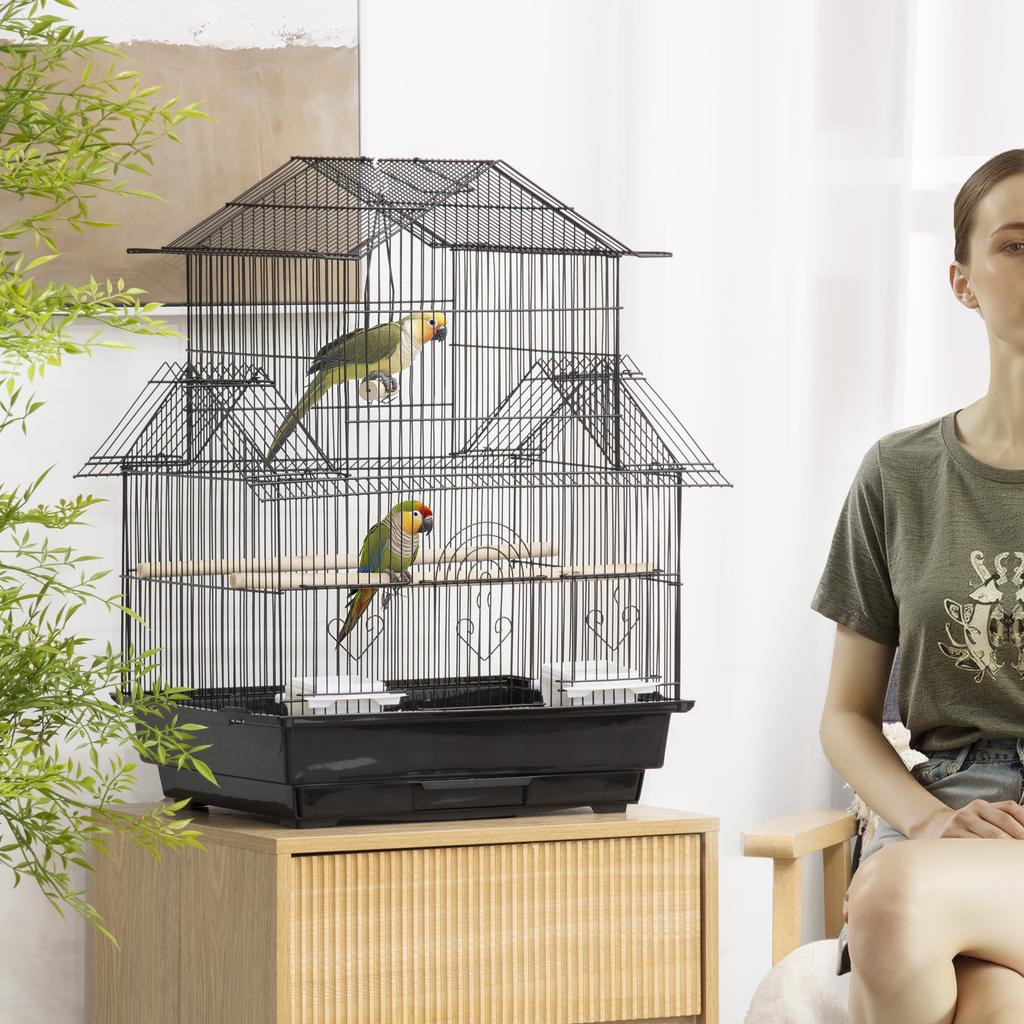 Bird Cage with Carrying Handle and Removable Tray, Metal and Plastic, 50.5x41x63 Cm, Black