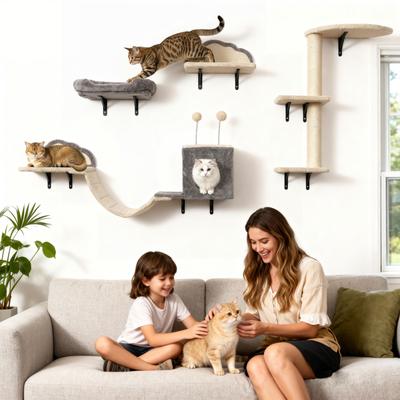 Wandmontiertes Katzenbaum-Set, Sisal-Kratzflächen, 4 Teile, für 1-3 Katzen, beige