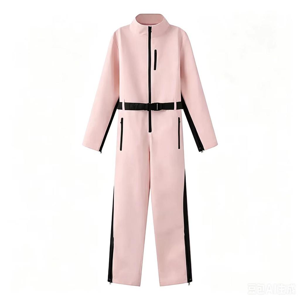Women Ski Jumpsuit High Neck Zipper Front Sleeveless Hooded Belted Snowsuit