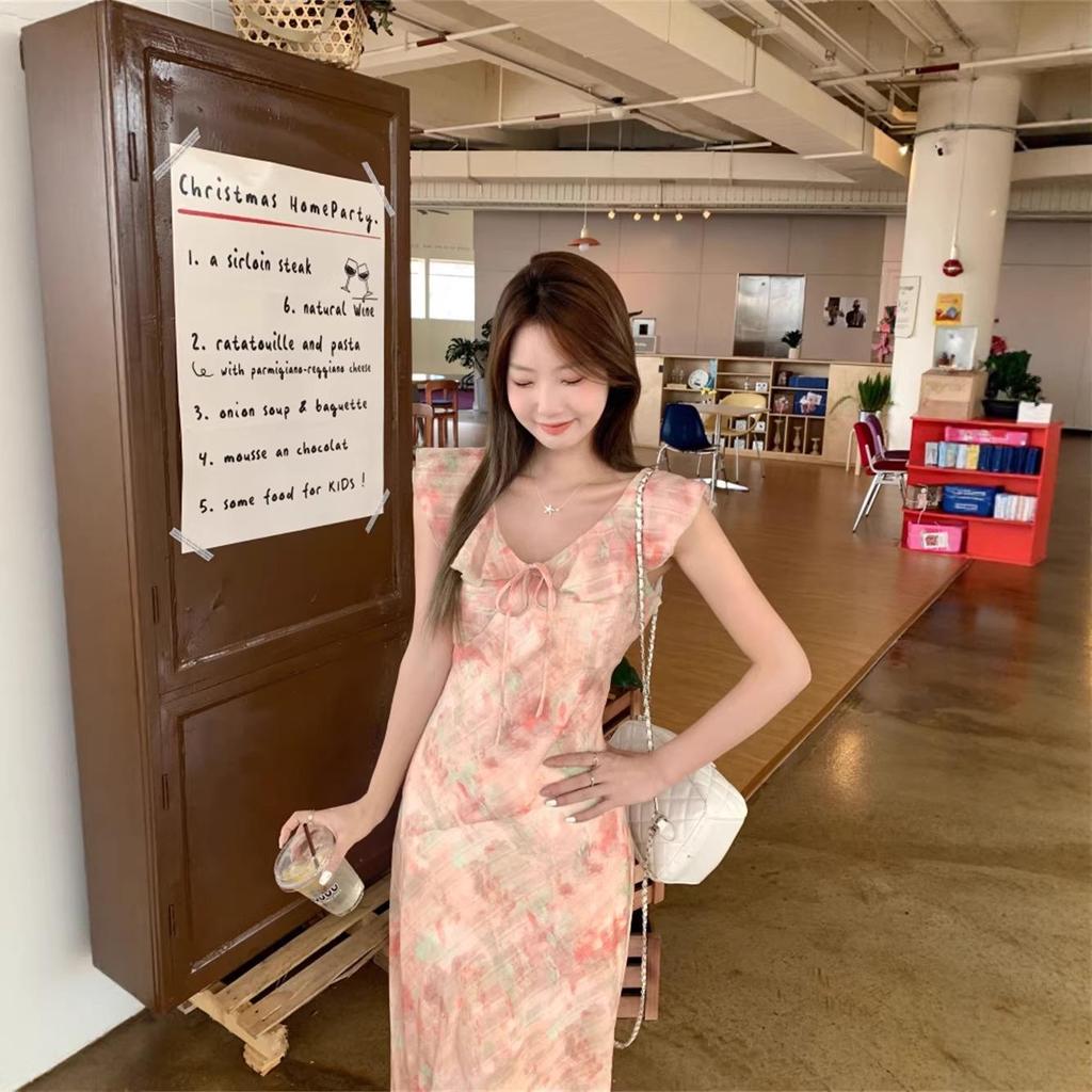 2026 Summer Pink Floral Ruffle Dress with Flutter Sleeves for Women