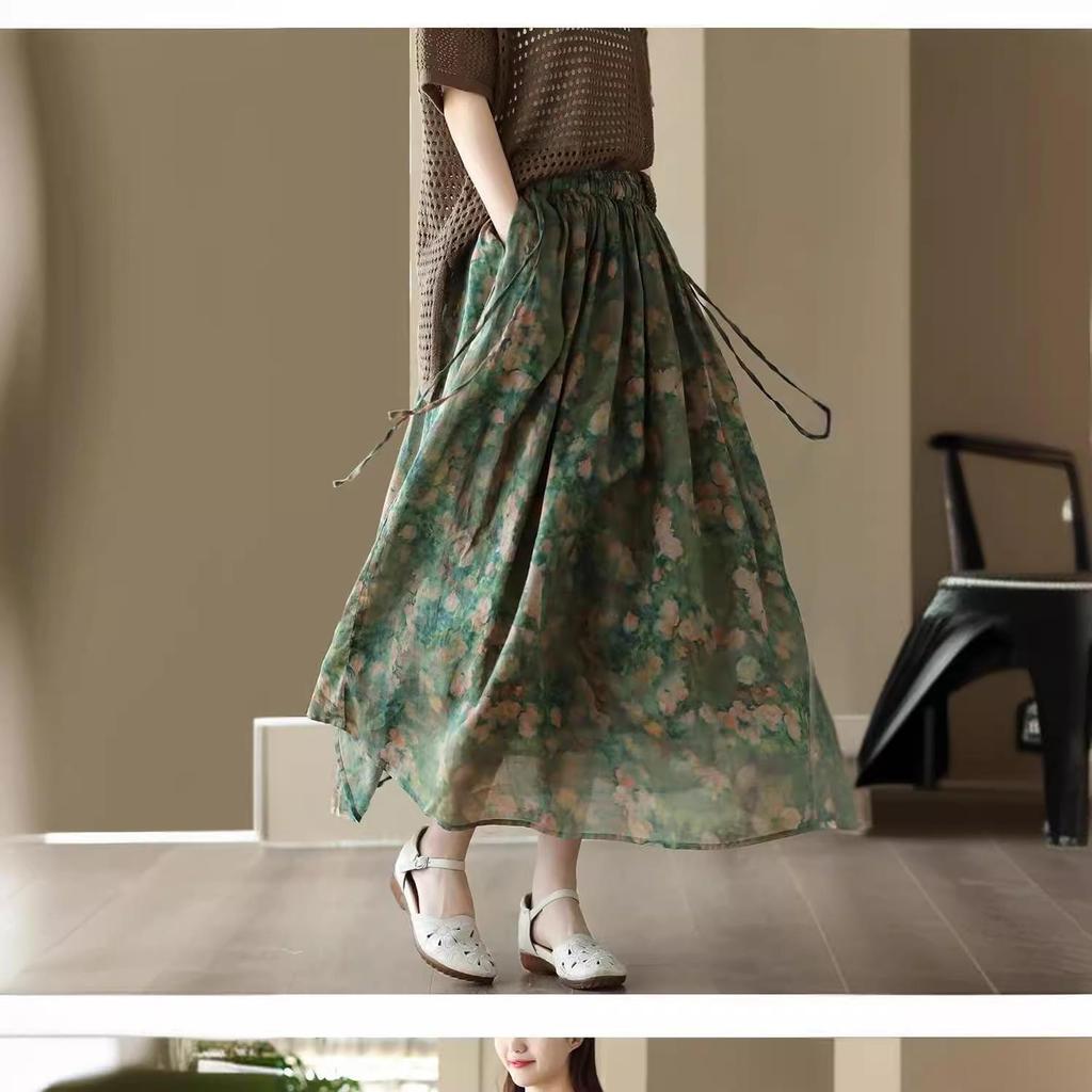 Summer 2023 Women's Vintage Floral Midi Skirt - Heavy Duty Cotton Linen, Flowy Design