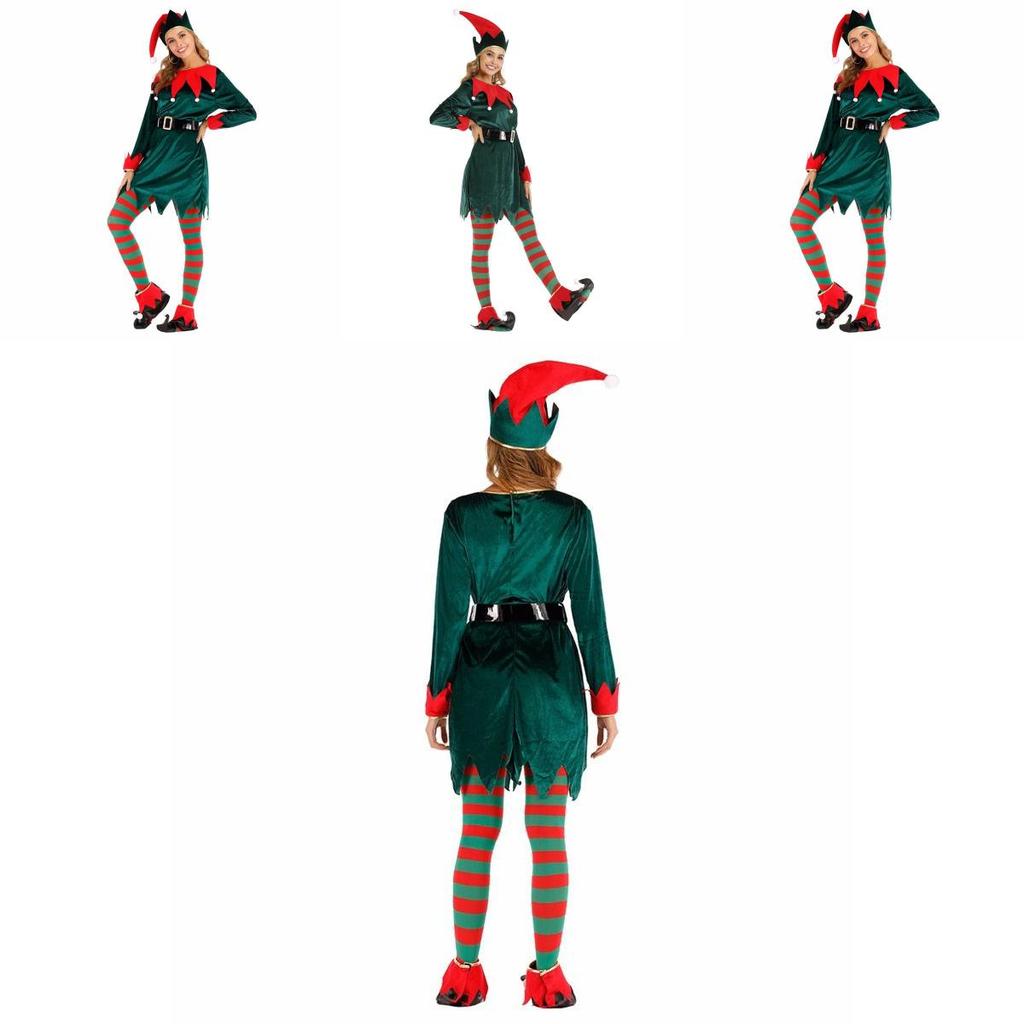 Women's Festive Xmas Elf Outfit Velvet Cosplay Costume With Bells