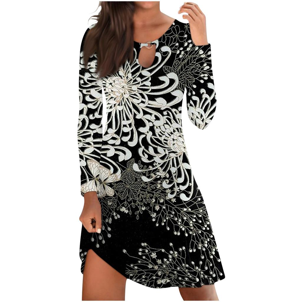 Women's Casual Comfortable Print Long-sleeve Chest Hollow Big Swing Dress