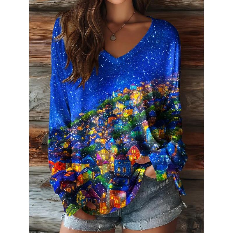 Halloween Pumpkin Ghost Print 3D Graphic Long Sleeve T-Shirt Casual V-Neck Top Polyester Breathable Women's Fashion Apparel