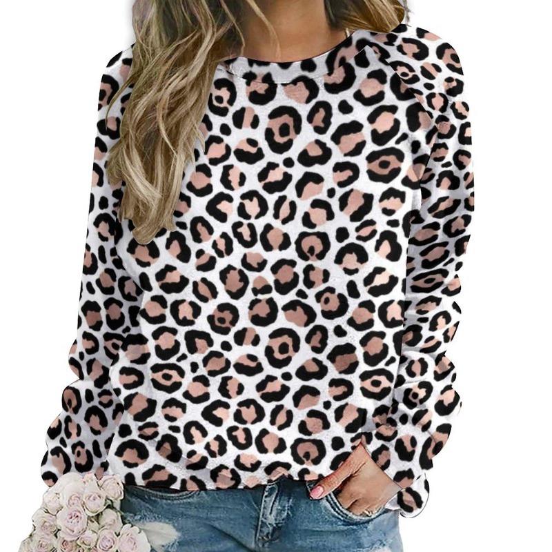 Moda Leopardo Camisetas Femininas Outono Manga Longa Camiseta Tops Gola O Regular Casual Solto Gola O Roupas Femininas Pulôver