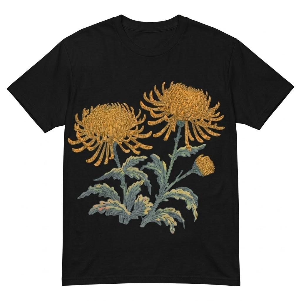 Vintage Japanese Chrysanthemum Floral Graphic T-Shirt Black Unisex Cotton Tee L