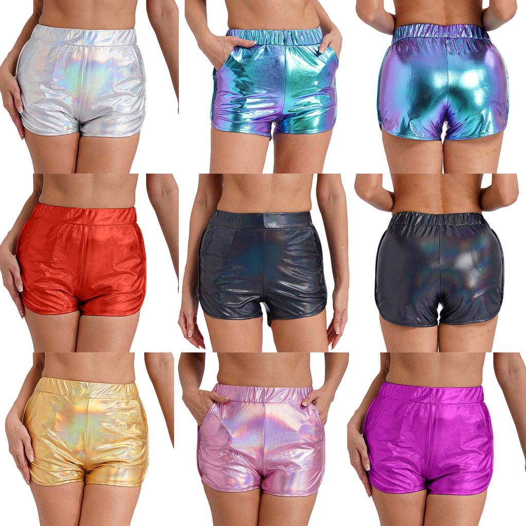 Shorts de Booty Métalliques Brillants pour Femmes Taille Élastique Poches Latérales Shorts Rave