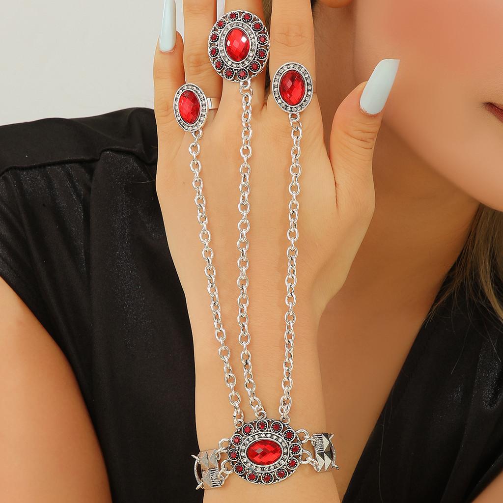Vintage Jewelry Geometric Silver Alloy Red Ruby Womens Bracelet With Crystallized Design For Travel Gift