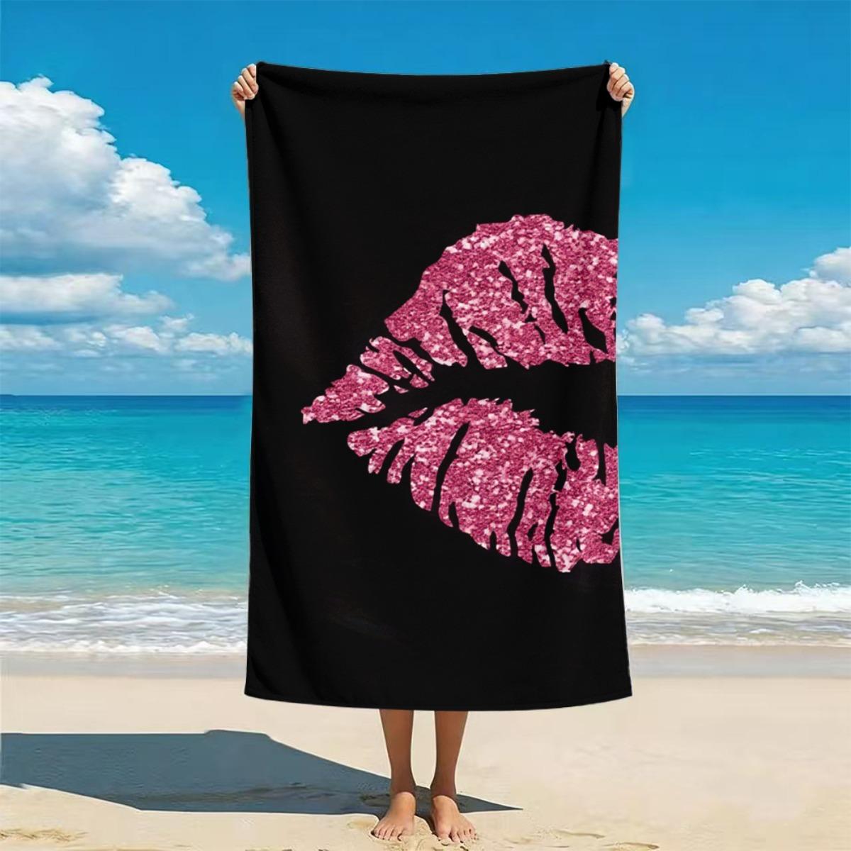 

Glittery Pink Lips Beach Towel, Unisex Soft Lightweight Absorbent Quick-Dry for Camping Swimming W30*H60(CM)