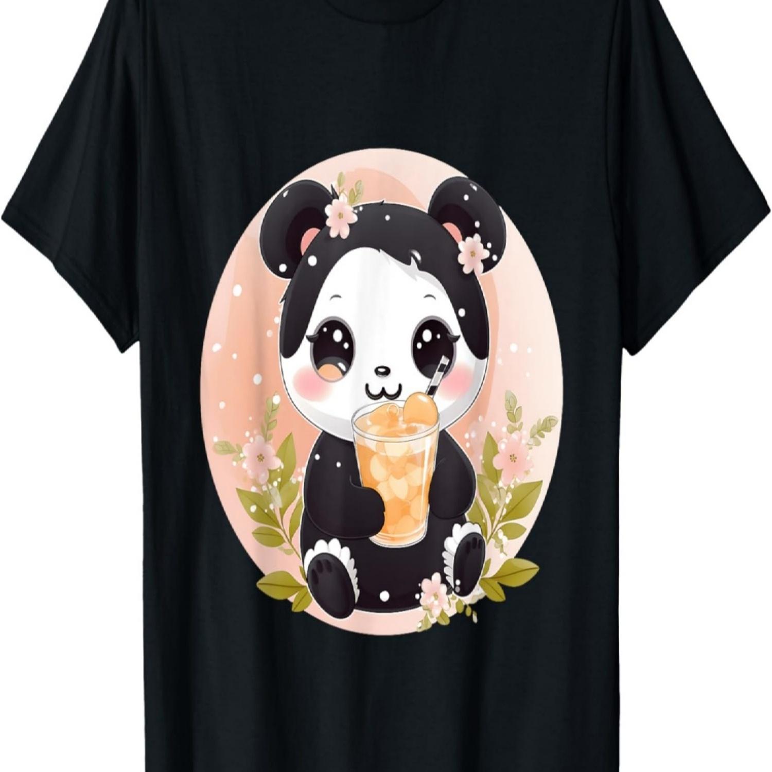 Kawaii Anime Panda Drinks Boba Tea Bubble Cherry Blossom T-Shirt S чёрный