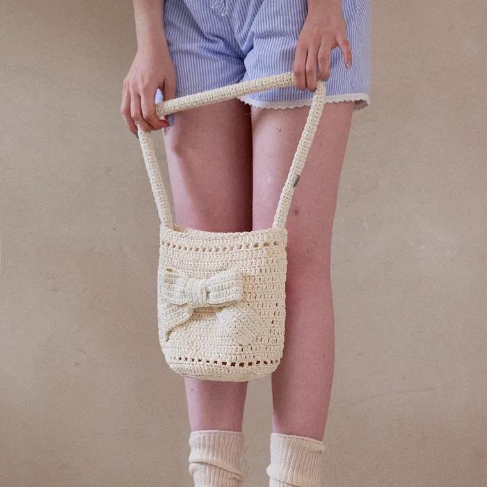 No.203 / Big Ribbon Crochet Bucket Bag _ Cream