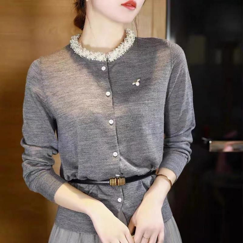 

Neckline stud drill beautiful sweater women s spring new sweet gray round neck long-sleeved knitted cardigan small coat One size хізер сірий колір