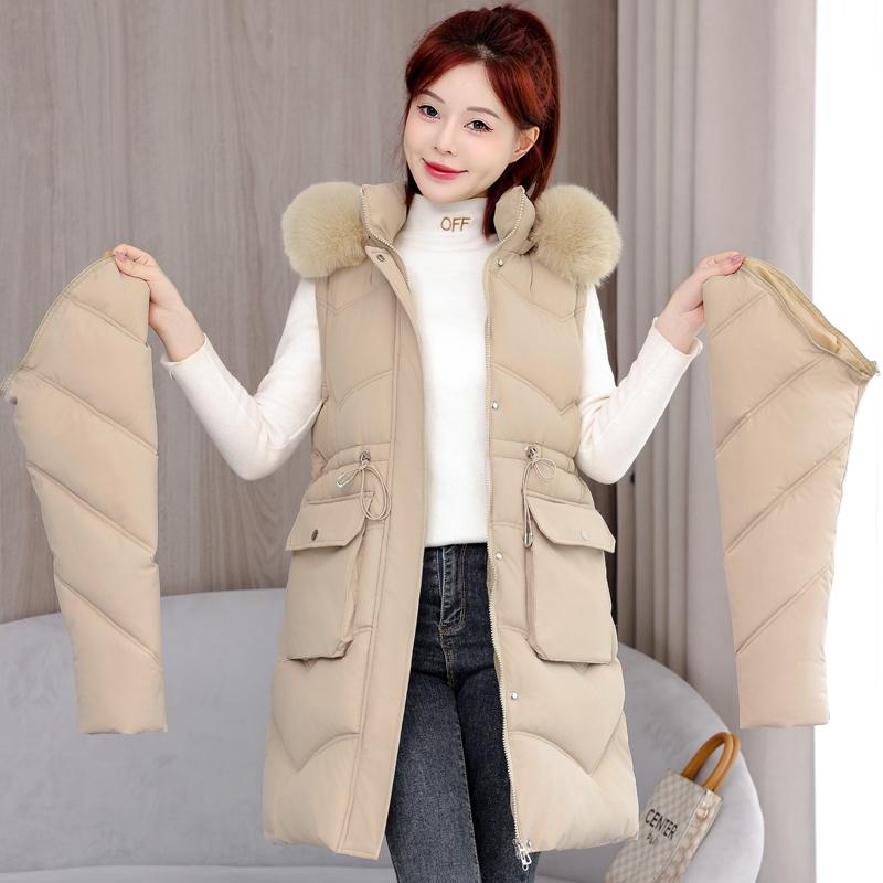 Mode Winter Damen Lange Parkas Kapuze mit Kunstfellkragen Dicke Warme Jacke Abnehmbare Ärmel Damenmäntel